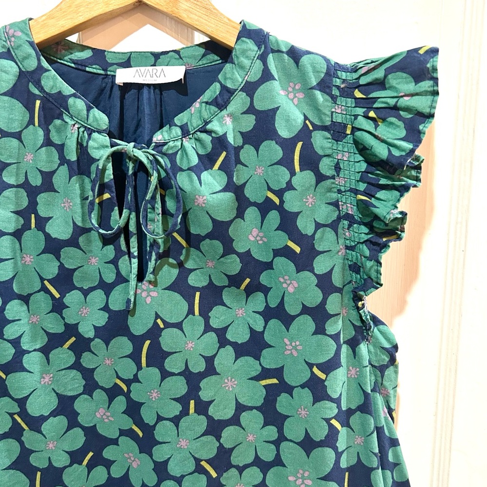 AVARA Teal Floral Ruffle Sleeve Blouse